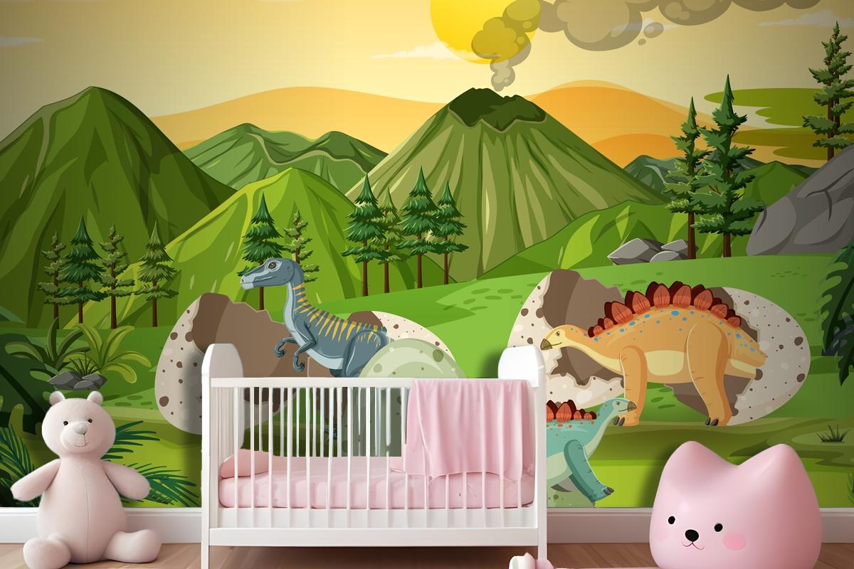 Prehistoric Forest With Dinosaur Cartoon Kids Wallpaper Mural