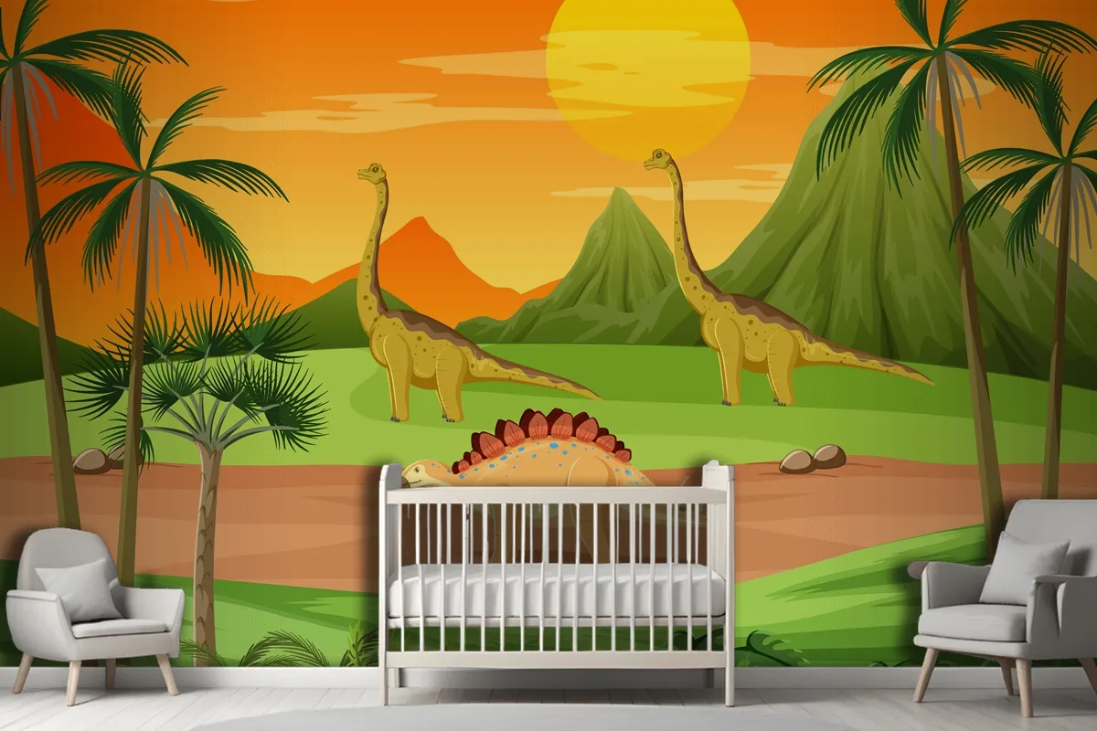 Prehistoric Forest With Dinosaur Cartoon Wallpaper Mural