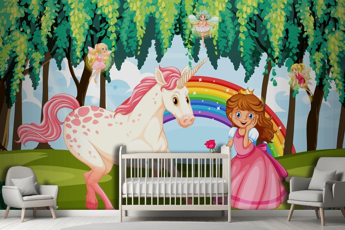 Princess And Unicorn In Enchanted Forest Background Wallpaper Mural