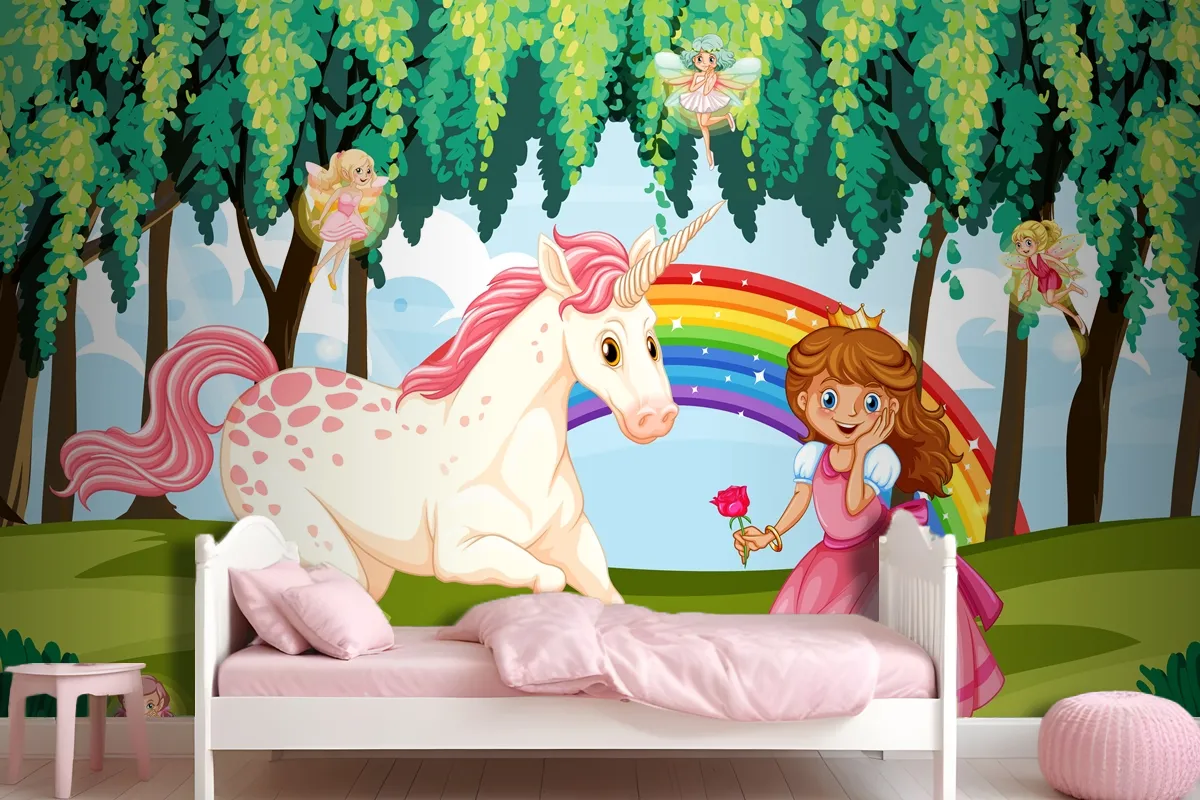 Princess And Unicorn In Enchanted Forest Background Wallpaper Mural