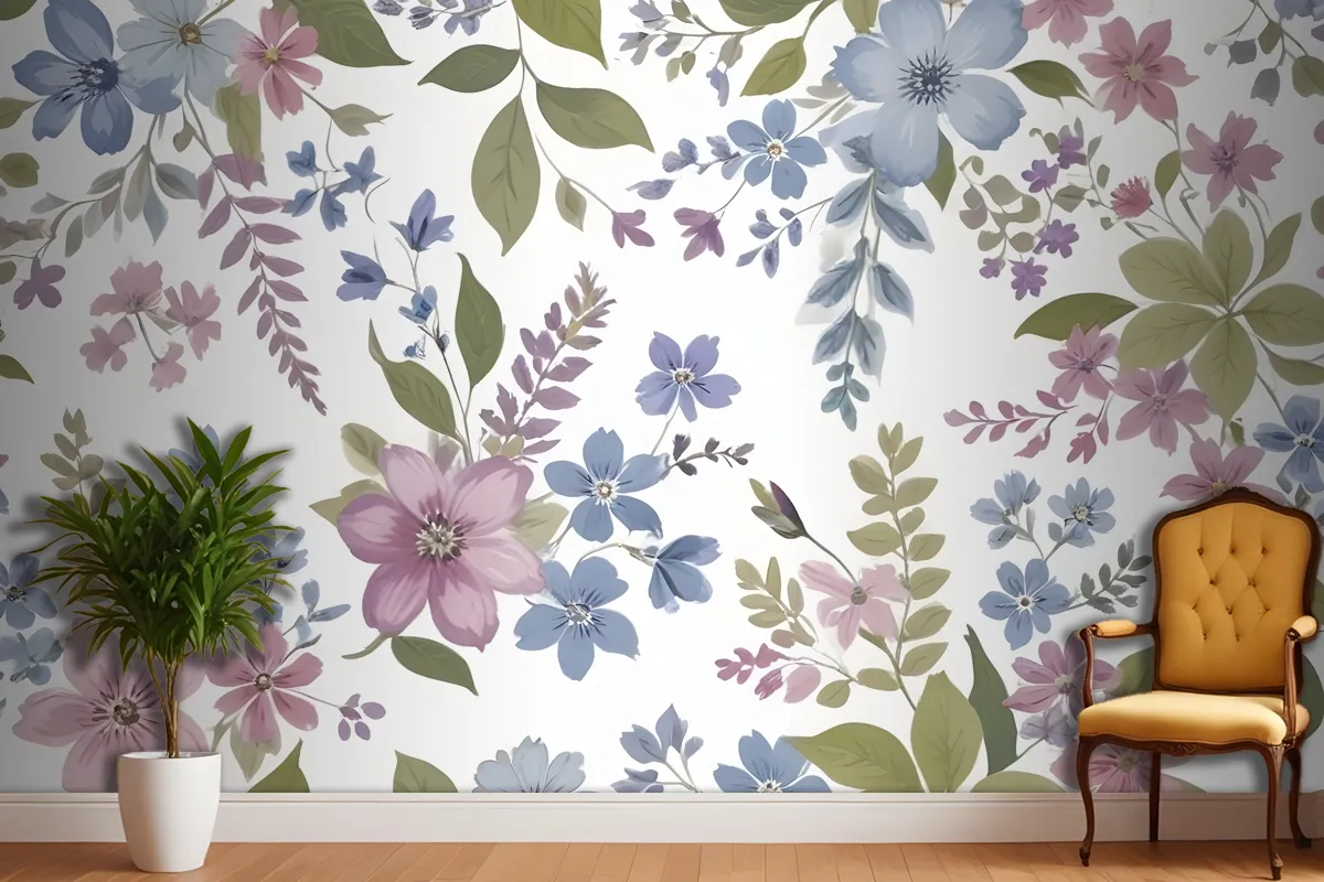 Purple And Blue Watercolor Flower Wallpaper Mural