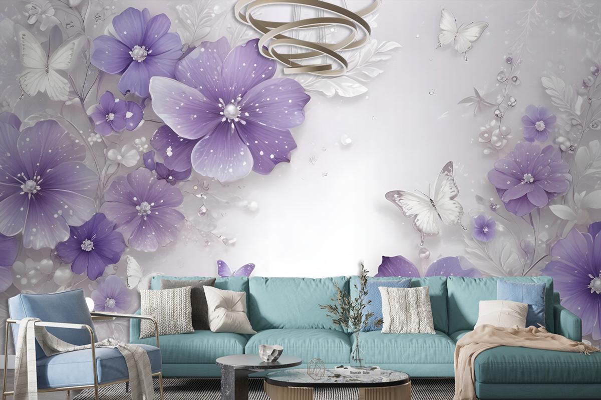 Purple Swarovski Floral With Little Butterfly Wallpaper Mural