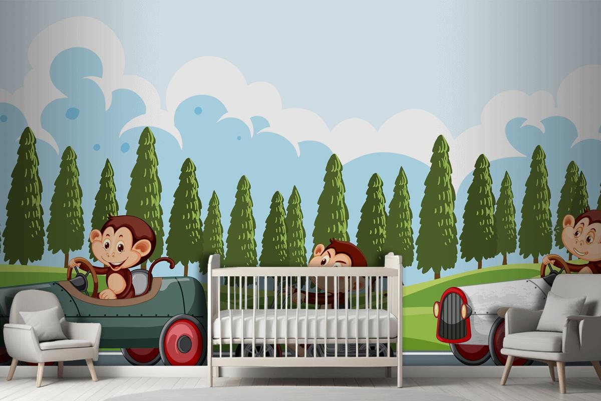 Race Track Scene With Monkey Racing Drivers Wallpaper Mural