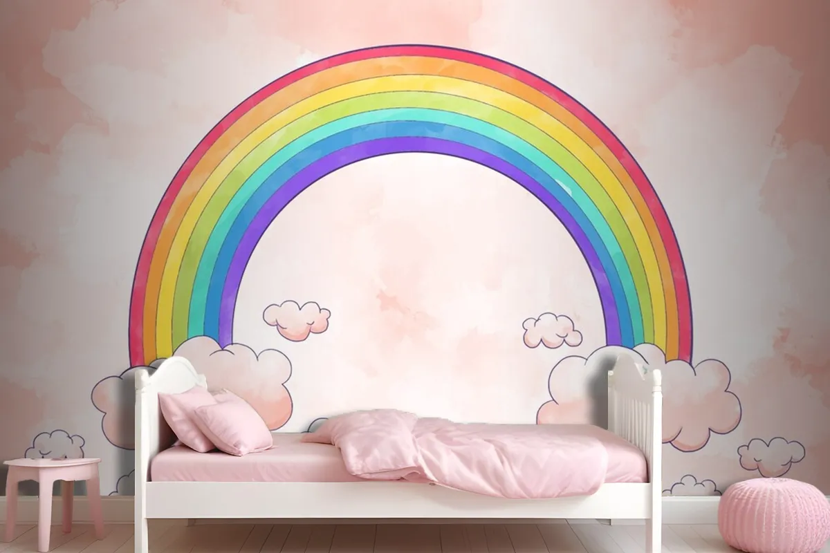 Rainbow With Clouds Watercolor Style Wallpaper Mural