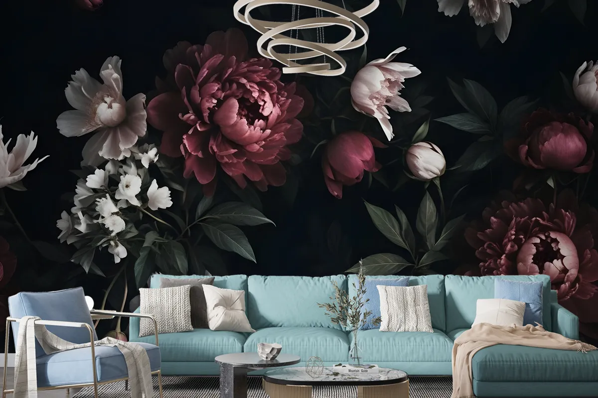 Realistic Dark Peony Floral Bouquet Wallpaper Mural