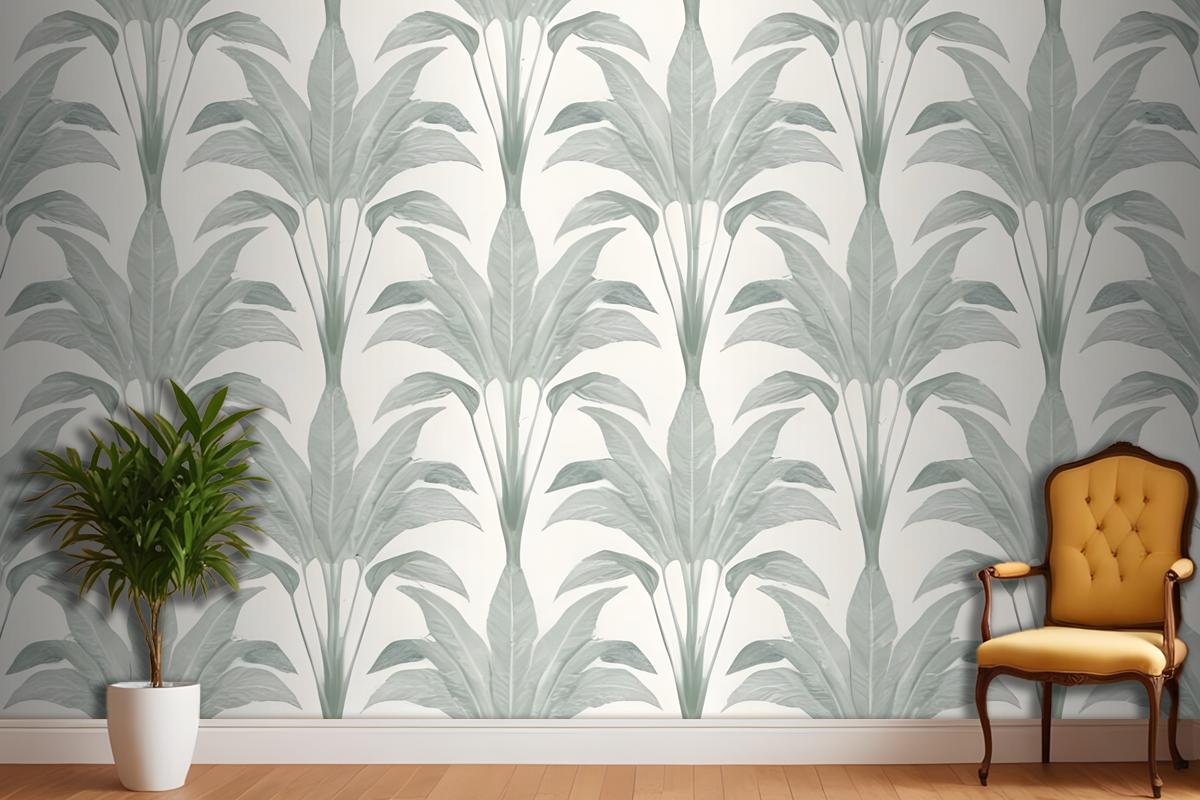 Repeating Pattern Of Large Green Palm Leaves Or Fronds Against A Light Gray Wallpaper Mural