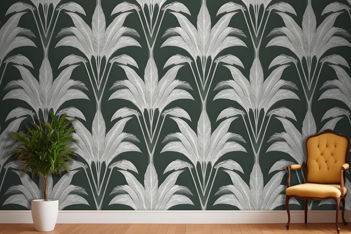 Repeating Pattern Of Leaflike Shapes In Shades Of Gray And White Against A Dark Green Wallpaper Mural