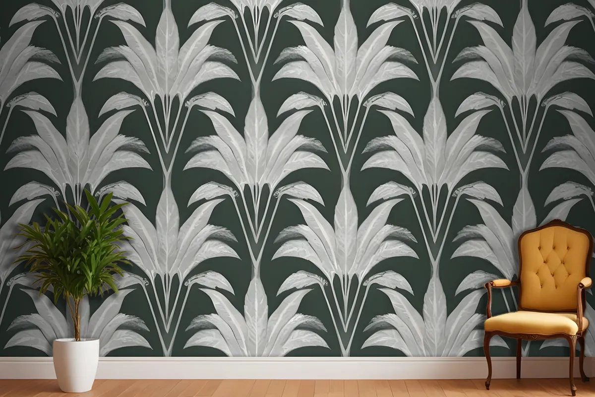 Repeating Pattern Of Leaflike Shapes In Shades Of Gray And White Against A Dark Green Wallpaper Mural