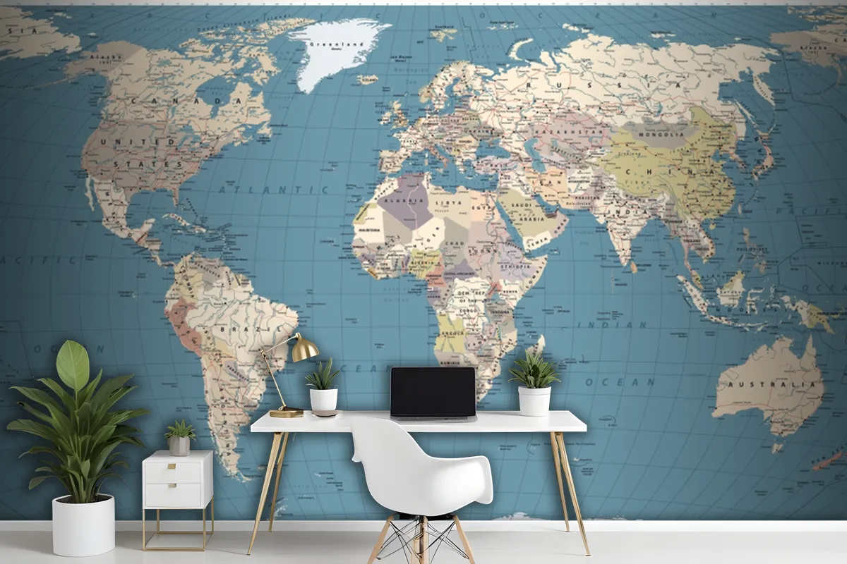 Retro Color World Map Borders Countries Roads And Cities Wallpaper Mural