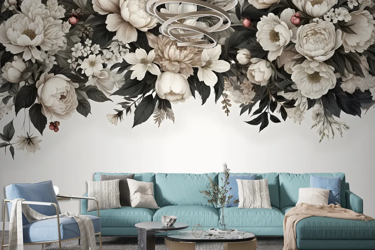 Retro Dark White Flowers Wallpaper Mural