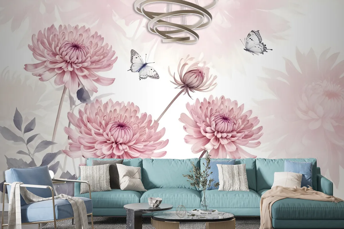 Retro Watercolor Pink Dandelion Flower Art Wallpaper Mural