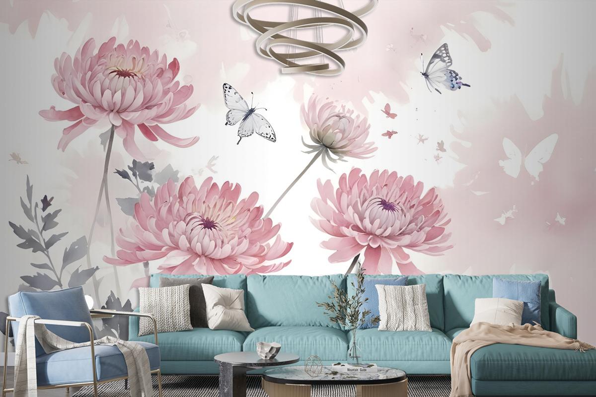 Retro Watercolor Pink Dandelion Flower Art Wallpaper Mural