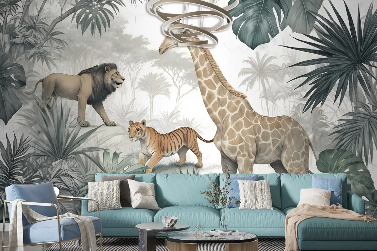 Retro Wild Animals With Tropical Leaves Wallpaper Mural