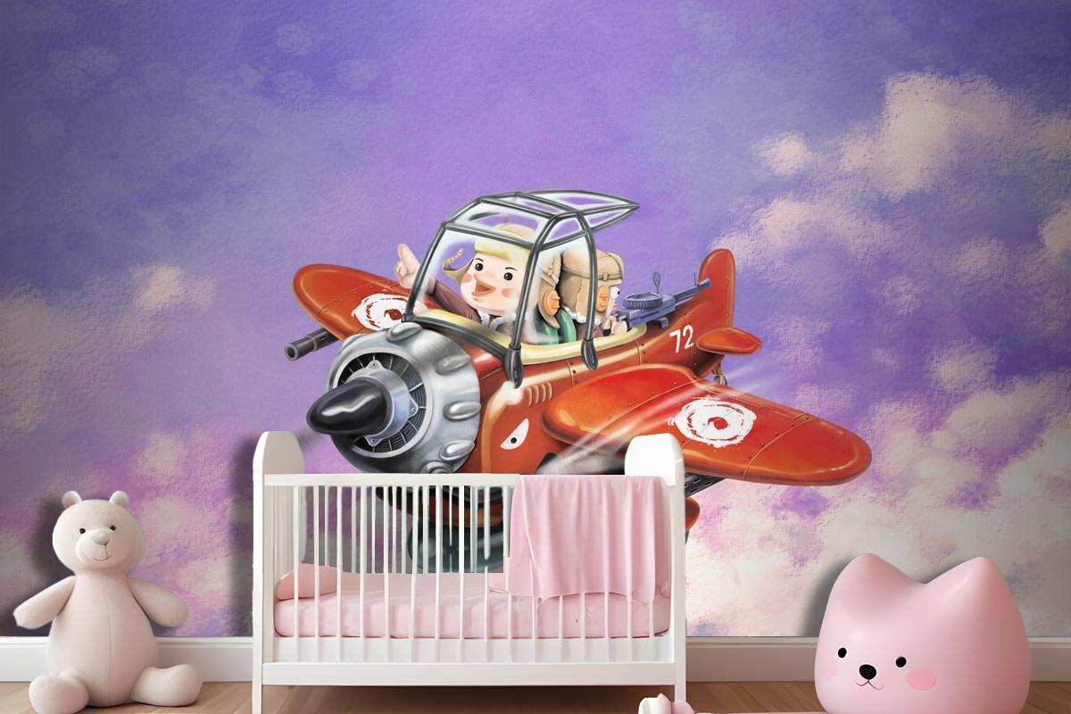 Riding A Red Plane Fly In The Sky Two Aviators Wallpaper Mural