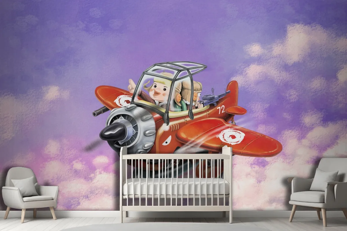 Riding A Red Plane Fly In The Sky Two Aviators Wallpaper Mural