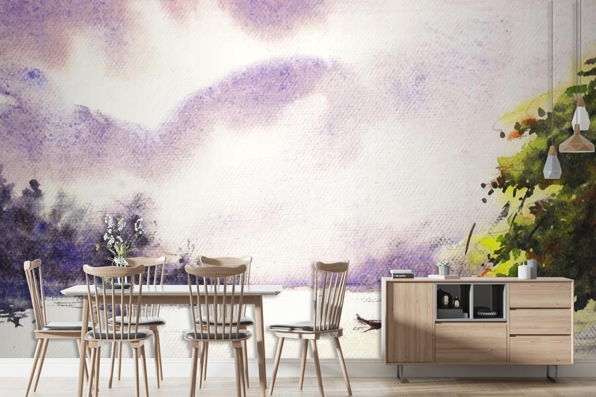 River And Life Hand Paint Watercolor Art Wallpaper Mural