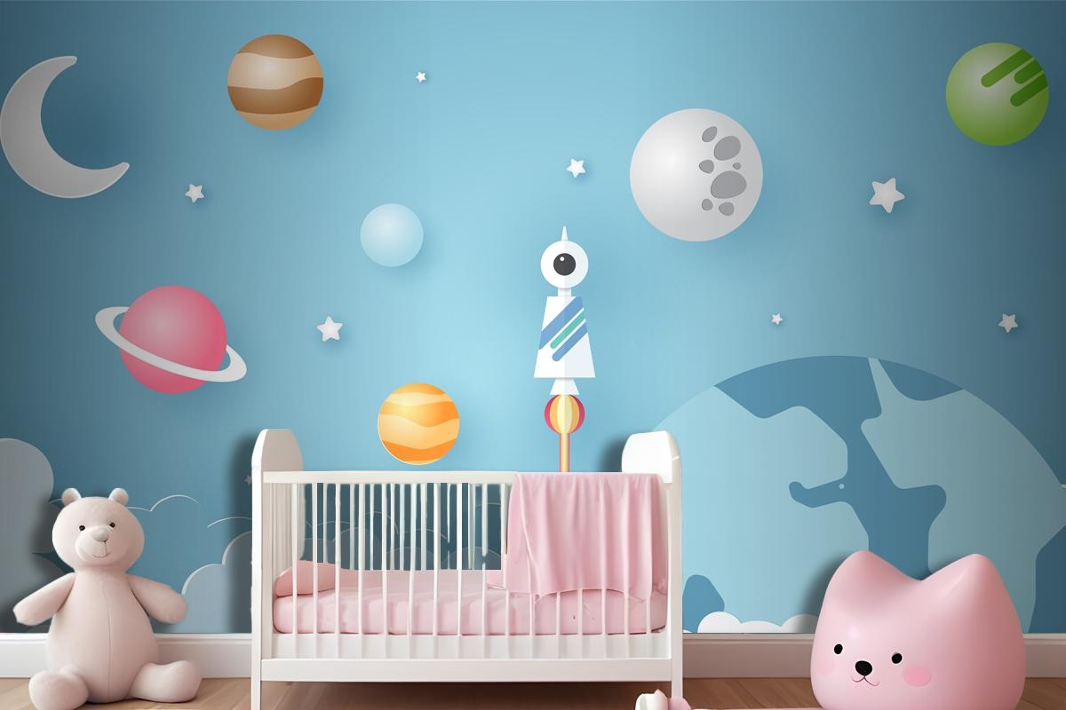 Rocket Is Surrounded By Various Celestial Objects Such As Planets Wallpaper Mural