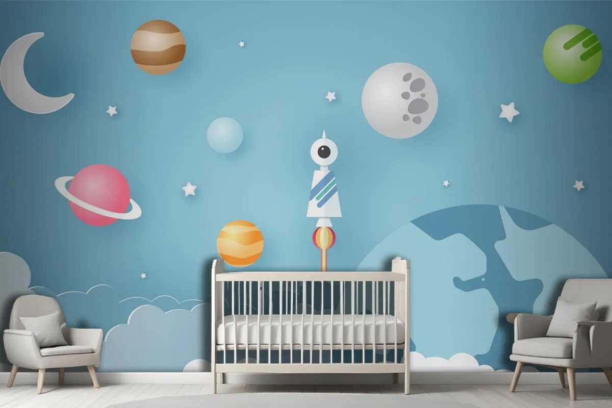 Rocket Is Surrounded By Various Celestial Objects Such As Planets Wallpaper Mural