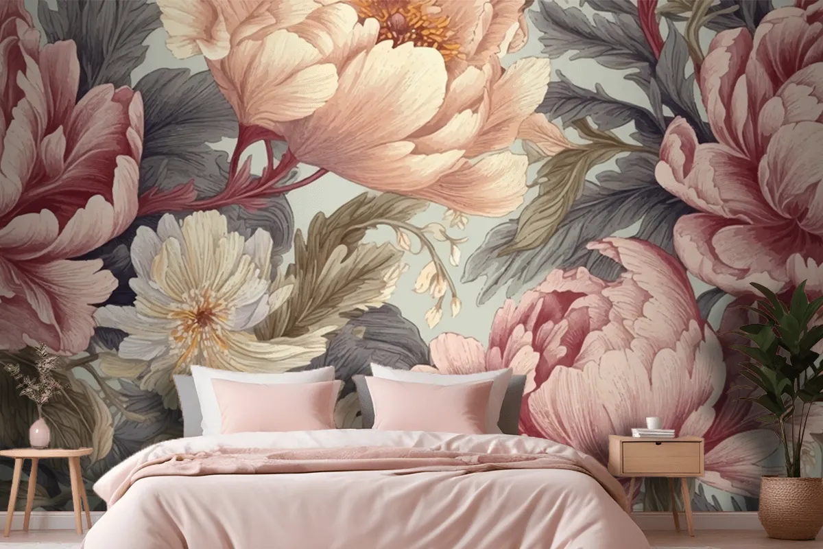 Seamless Boho Floral Pattern With Pink Peony Flowers Wallpaper Mural