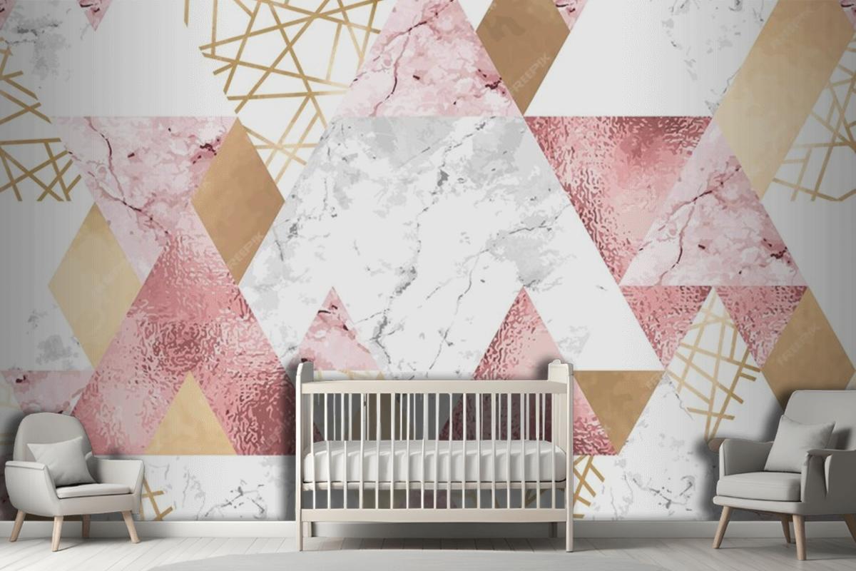 Seamless Geometric Pattern With Metallic Lines Rose Gold Gray And Pink Marble Triangles Wallpaper Mural