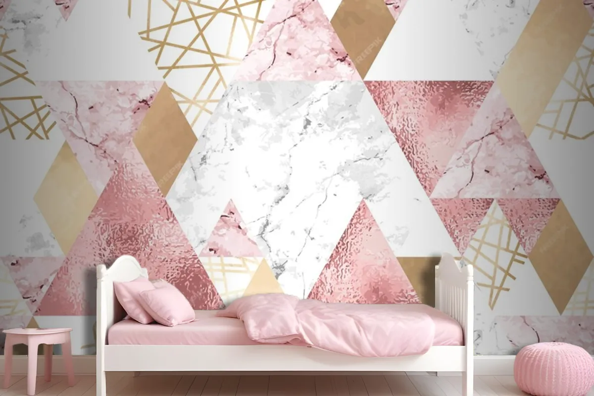 Seamless Geometric Pattern With Metallic Lines Rose Gold Gray And Pink Marble Triangles Wallpaper Mural