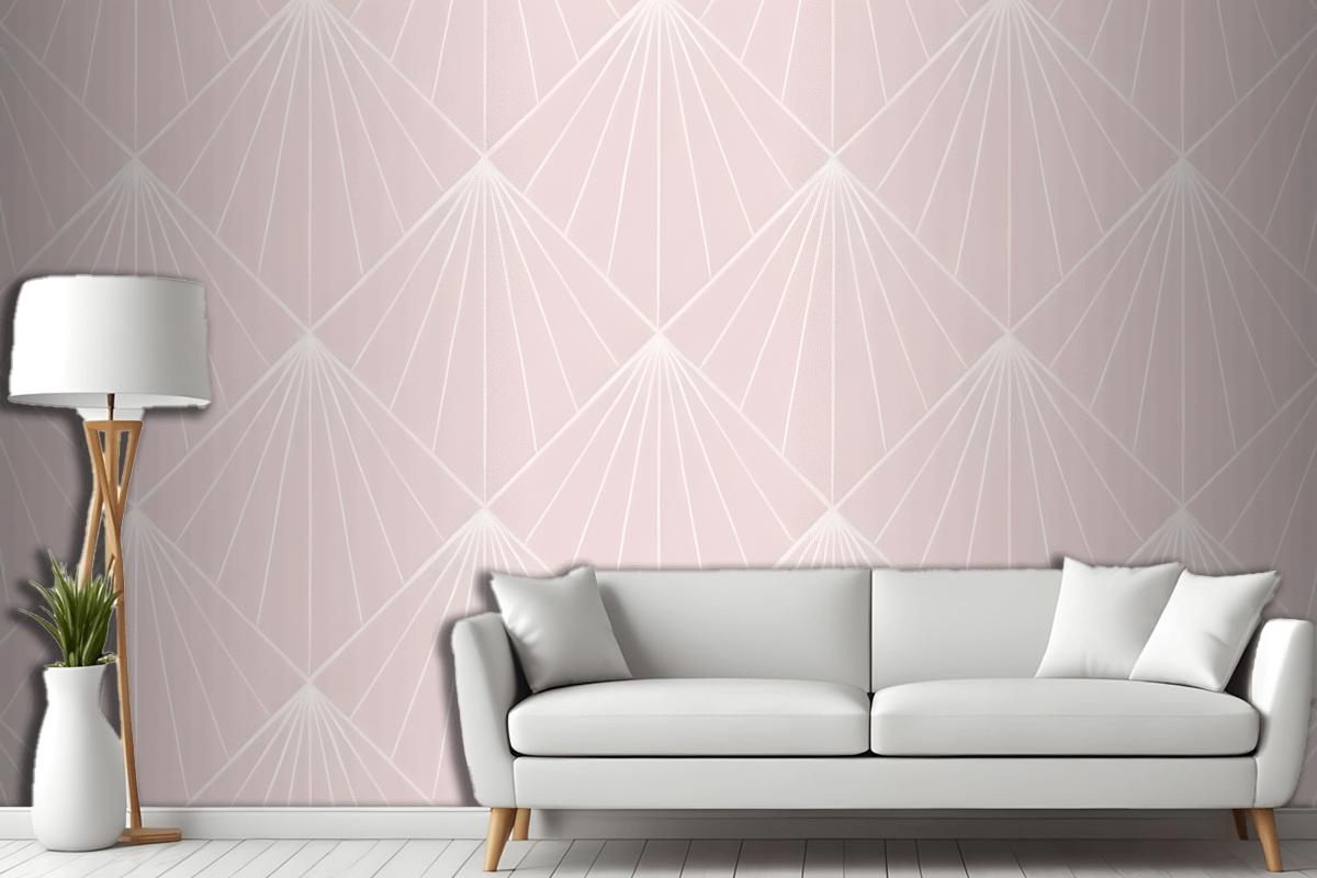 Seamless Geometric Pattern With White Radiating Lines On A Light Pink Wallpaper Mural