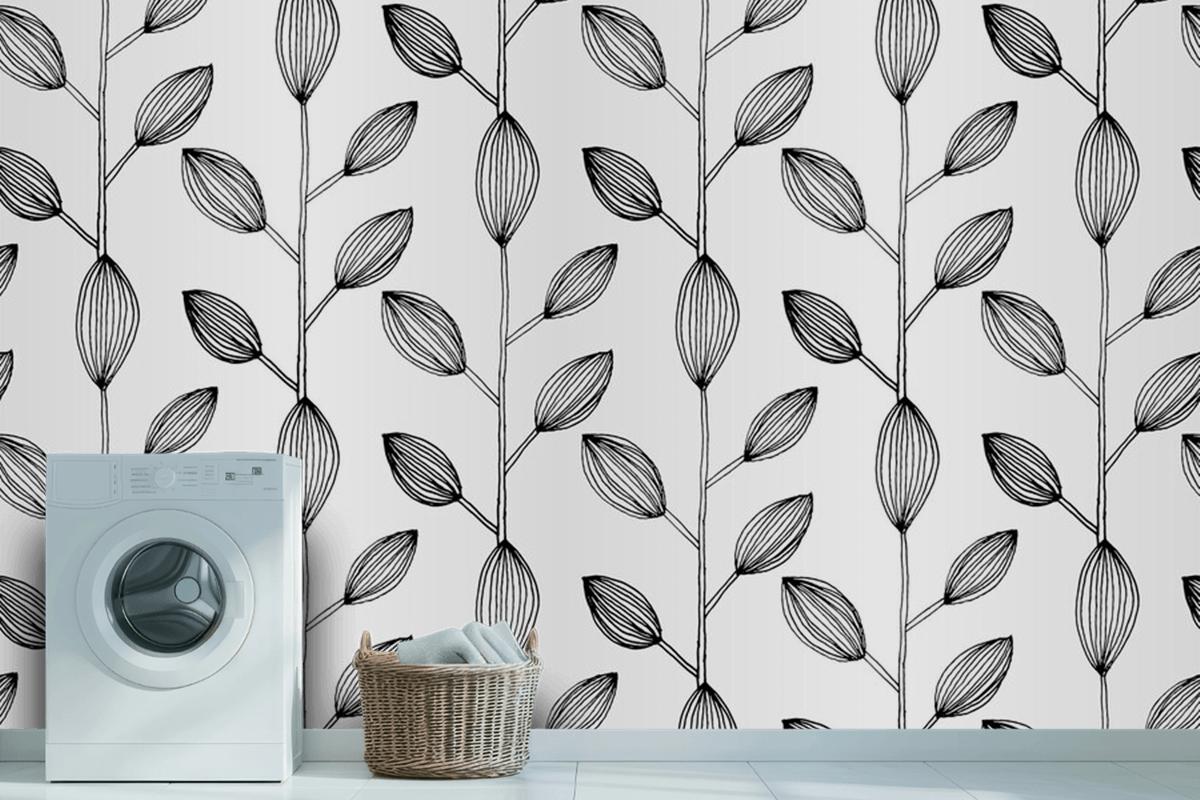 Seamless Monochrome Leaves Pattern Design Wallpaper Mural