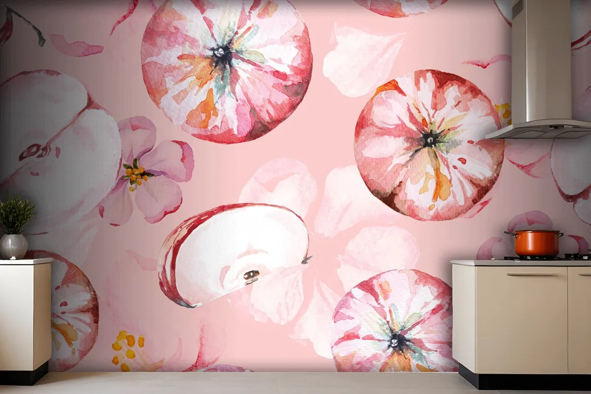 Seamless Pattern Apple And Flower Painted Wallpaper Mural