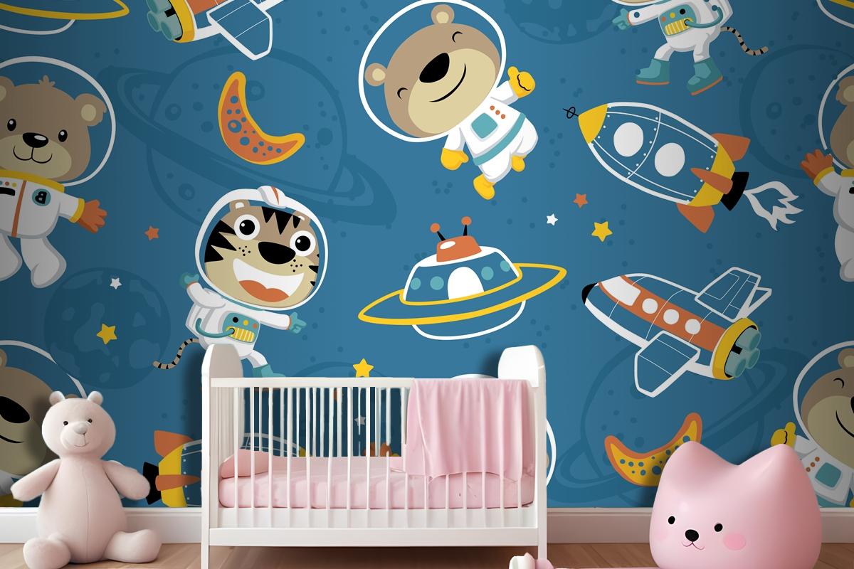 Seamless Pattern Of Funny Astronaut In Outer Space Transportation Wallpaper Mural