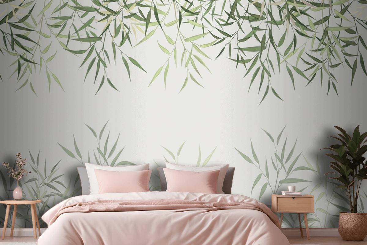 Seamless Pattern Of Reed Bamboo Leaves On A Light Background Wallpaper Mural