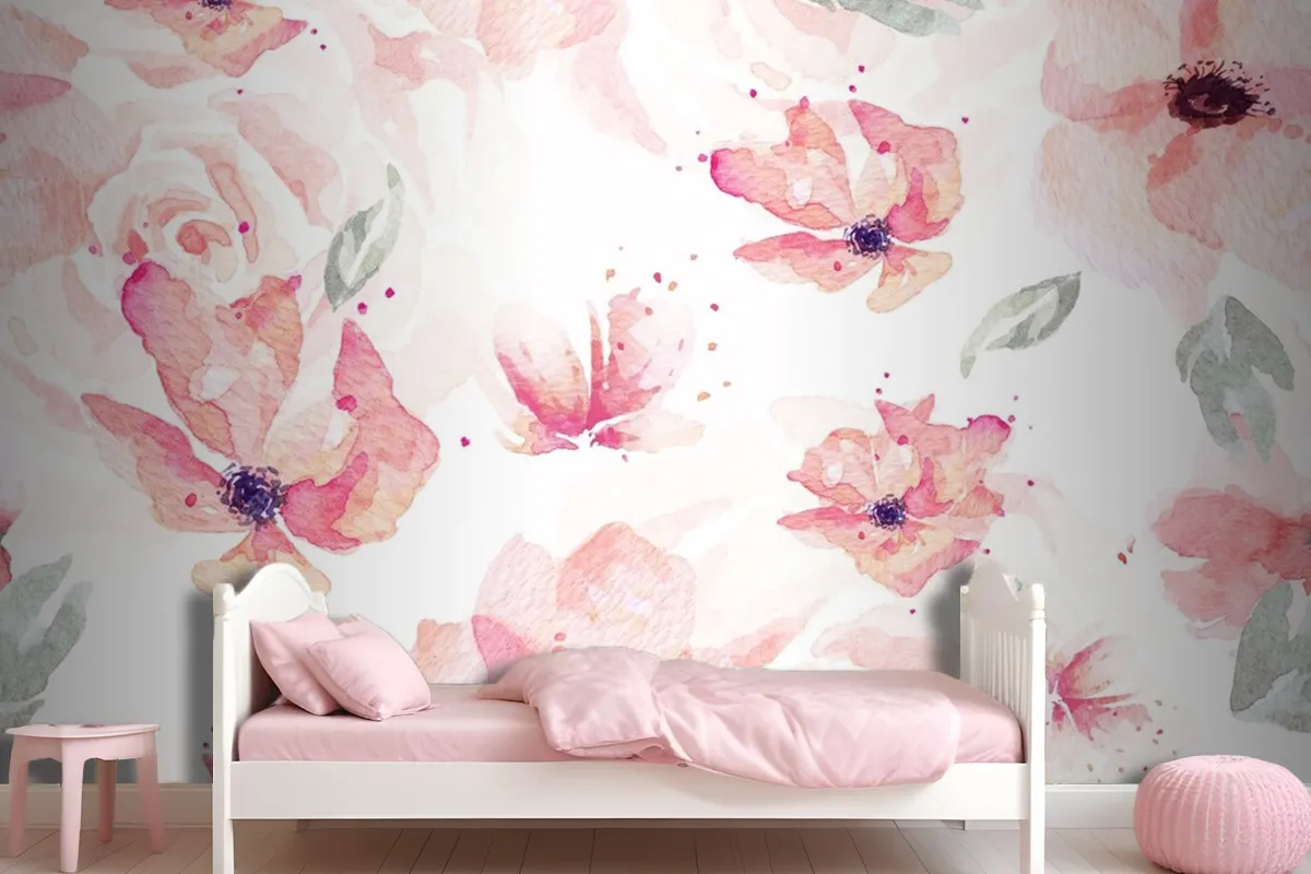 Seamless Pattern Of Rose And Orange Flowers Drawn Wallpaper Mural