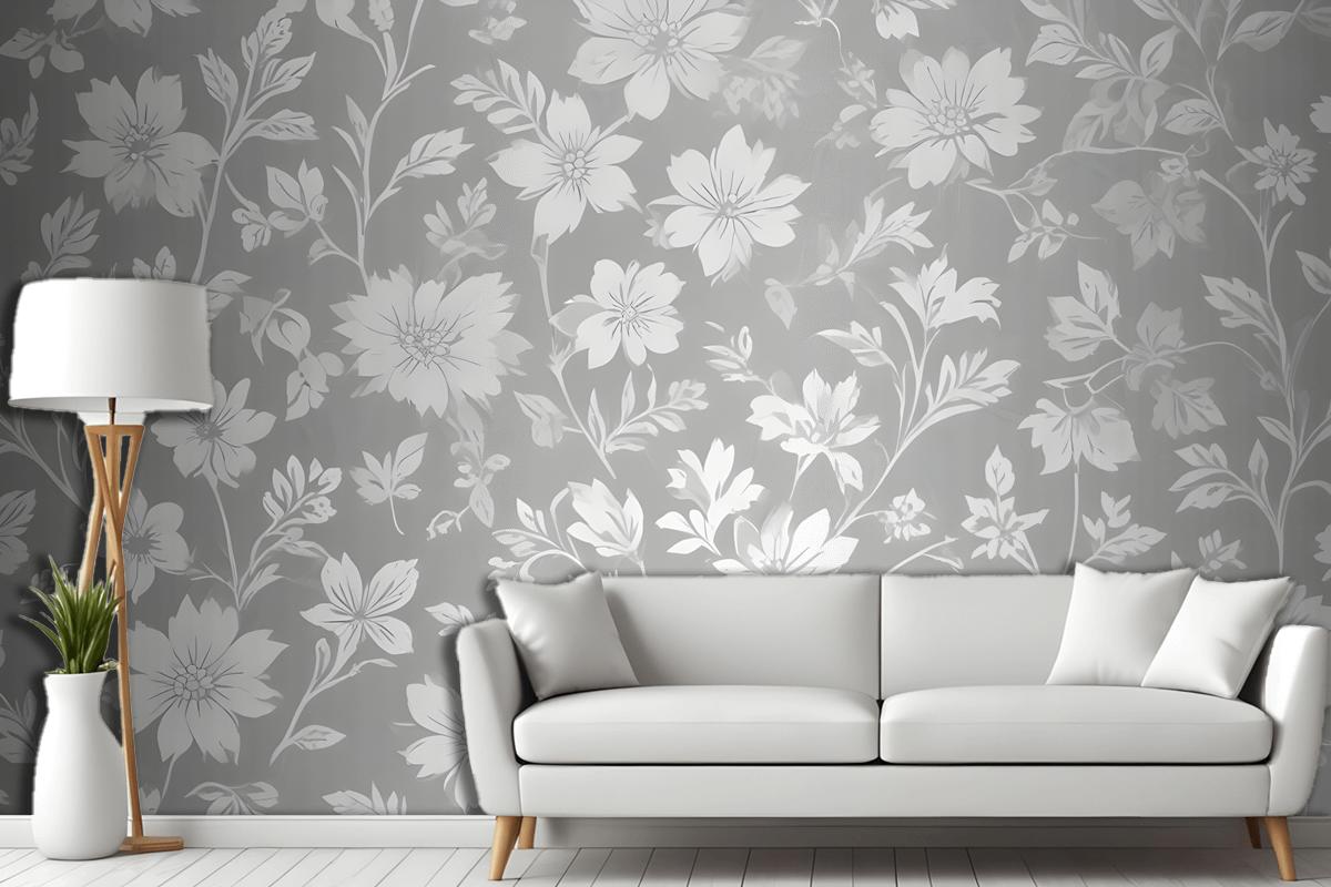 Seamless Pattern Of White Floral Silhouettes On A Light Gray Wallpaper Mural