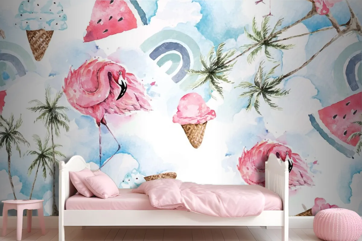 Seamless Pattern Palm Tree And Flamingo Wallpaper Mural