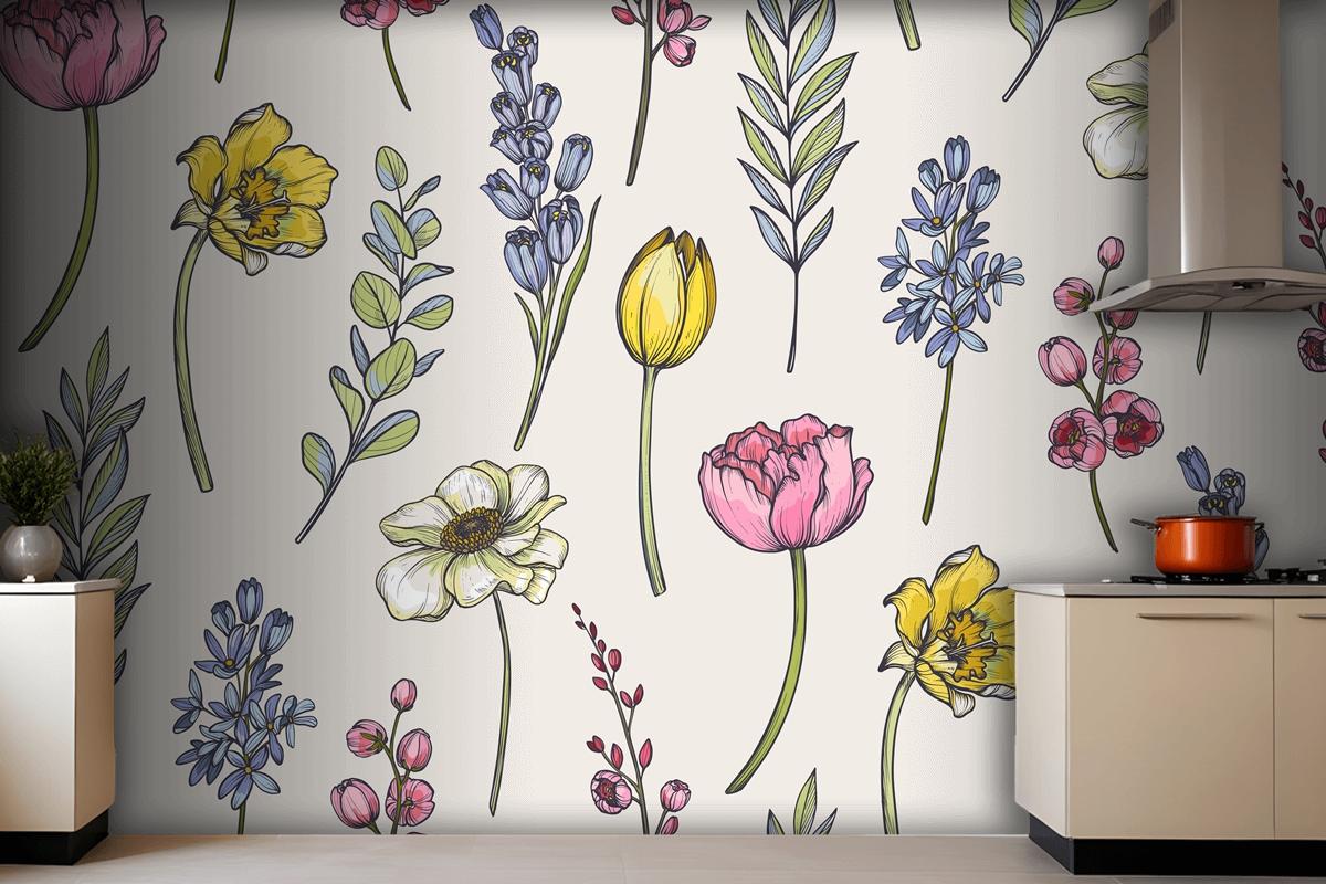 Seamless Pattern With Bouquets Of Spring Flowers Wallpaper Mural