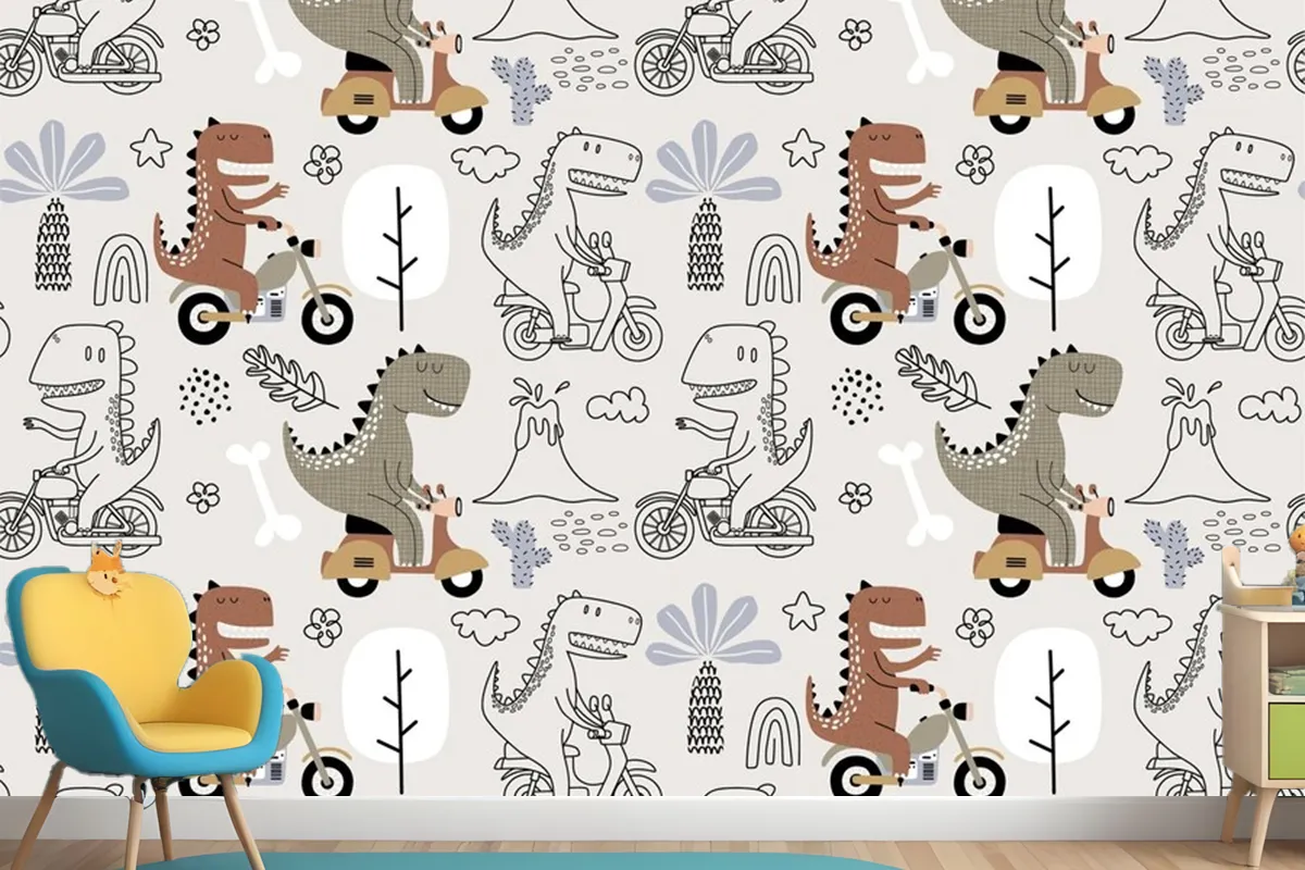 Seamless Pattern With Cute Dinosaur Riding A Motorbike Wallpaper Mural