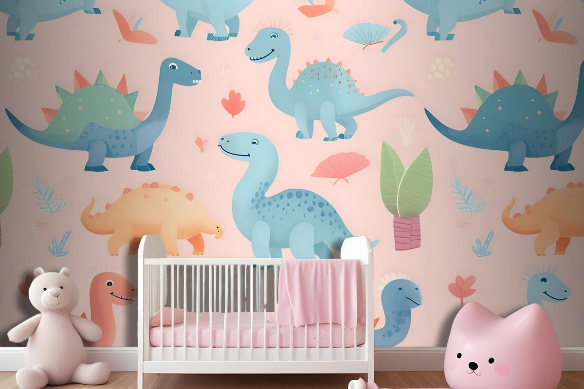 Seamless Pattern With Cute Dinosaurs Cute Dinosaurs Wallpaper Mural