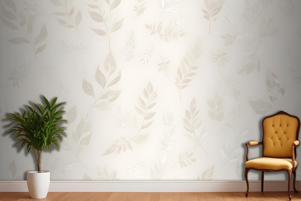 Seamless Pattern With Delicate White Leaves And Floral Elements On A Light Beige Wallpaper Mural