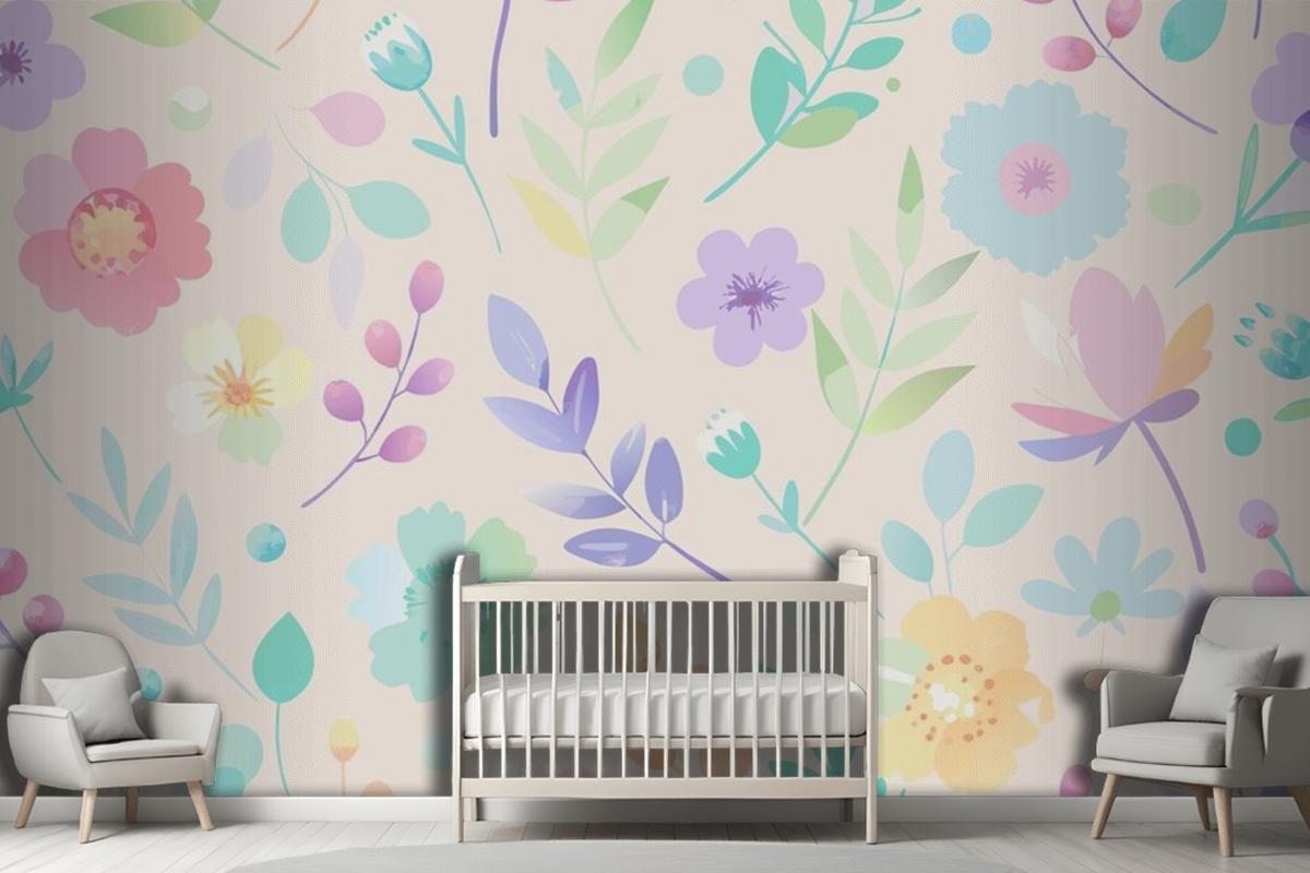 Seamless Pattern With Flowers And Leaves In Pastel Colors Wallpaper Mural