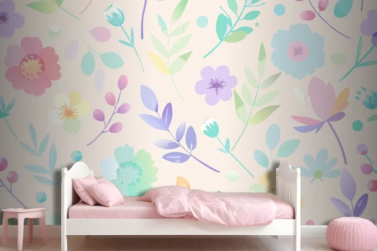 Seamless Pattern With Flowers And Leaves In Pastel Colors Wallpaper Mural