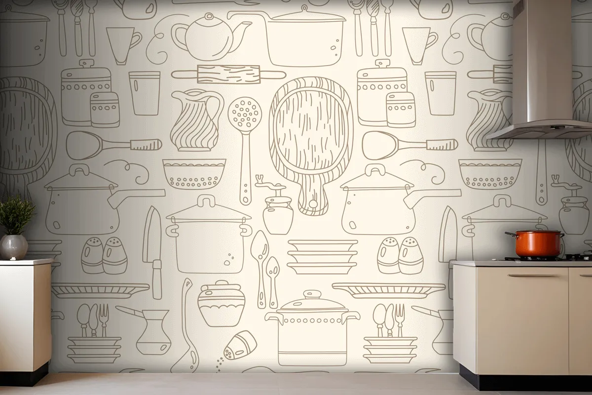 Seamless Pattern With Kitchen Utensils On Beige Wallpaper Mural