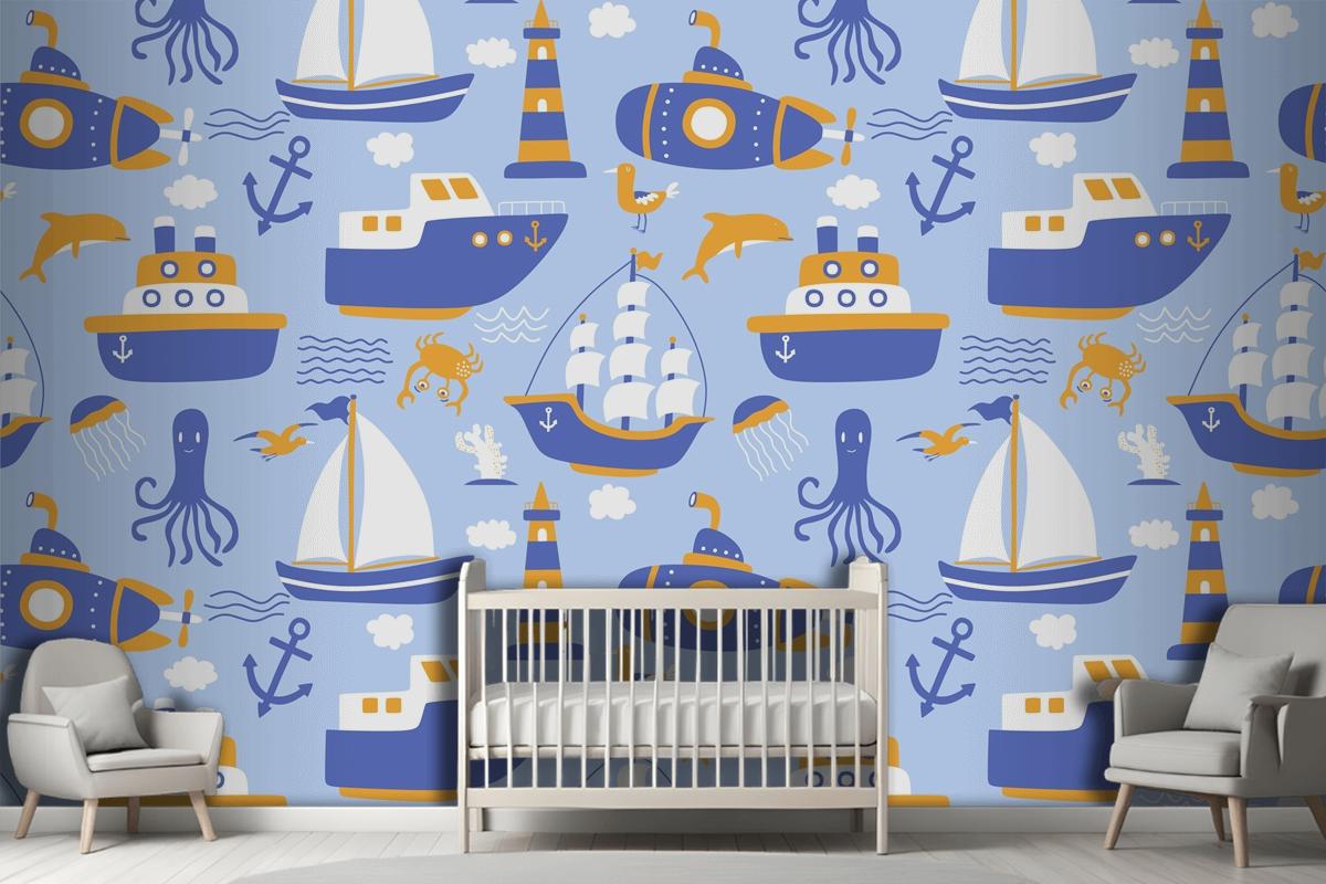 Seamless Pattern With Ships Wallpaper Mural