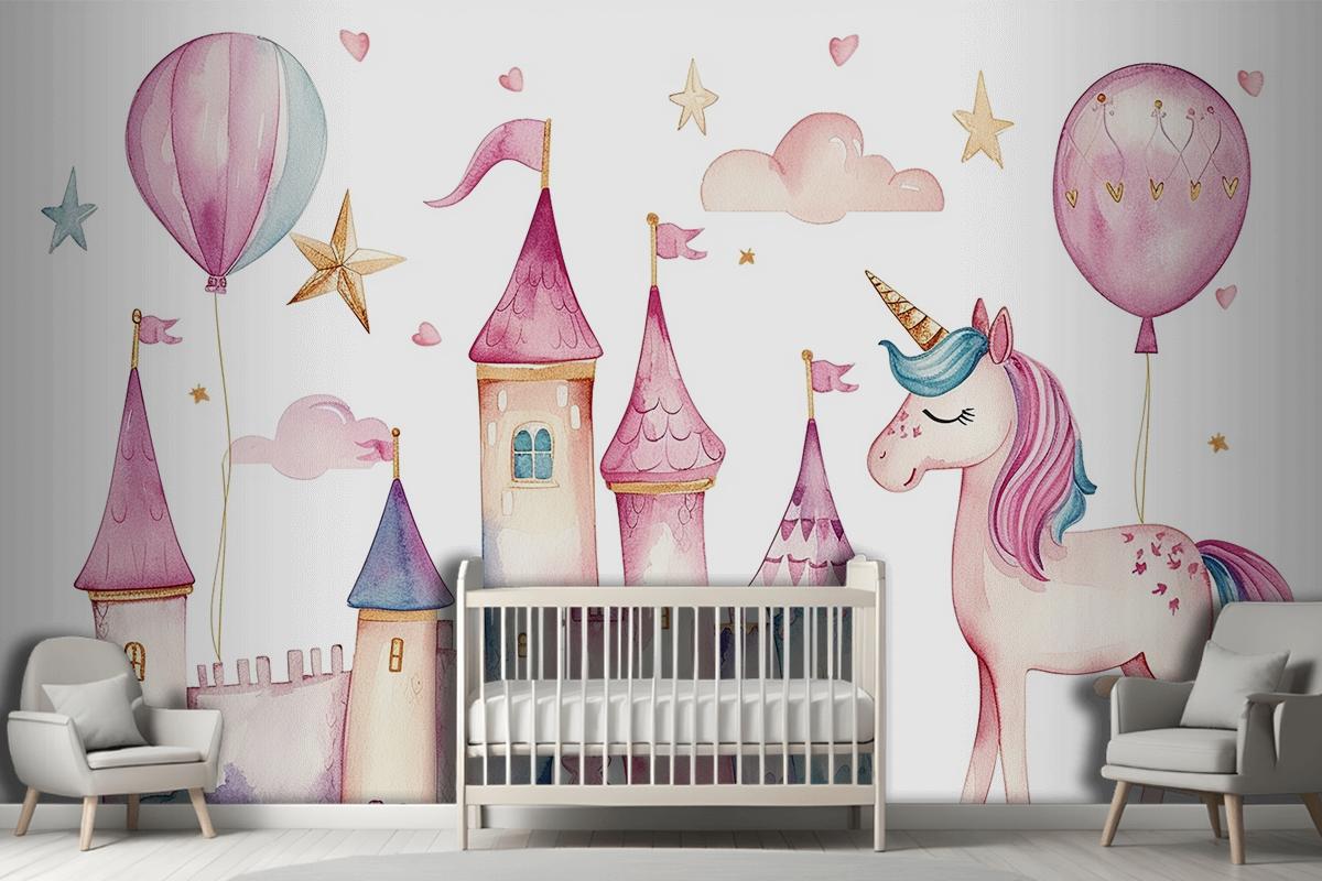 Set Of Cute Watercolor Kingdom Unicorn And Castle For Kids Book Birthday Party Wallpaper Mural