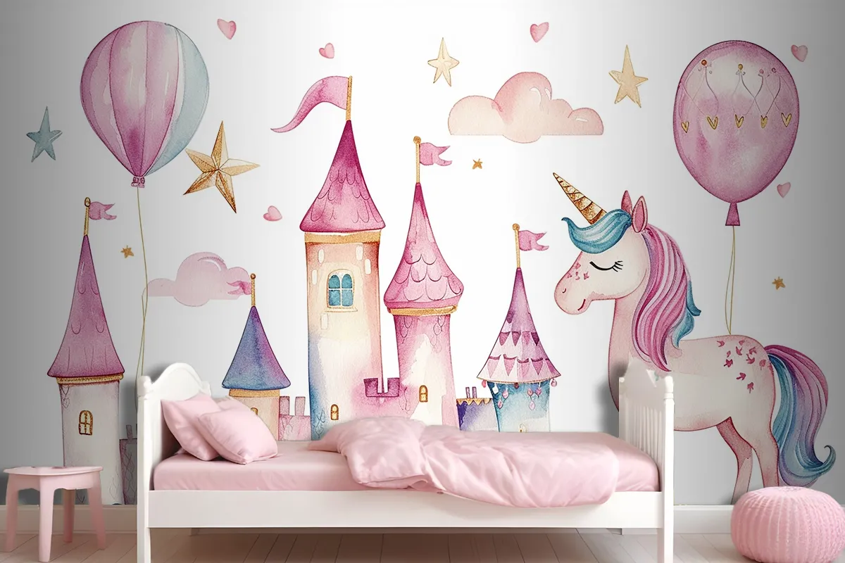 Set Of Cute Watercolor Kingdom Unicorn And Castle For Kids Book Birthday Party Wallpaper Mural