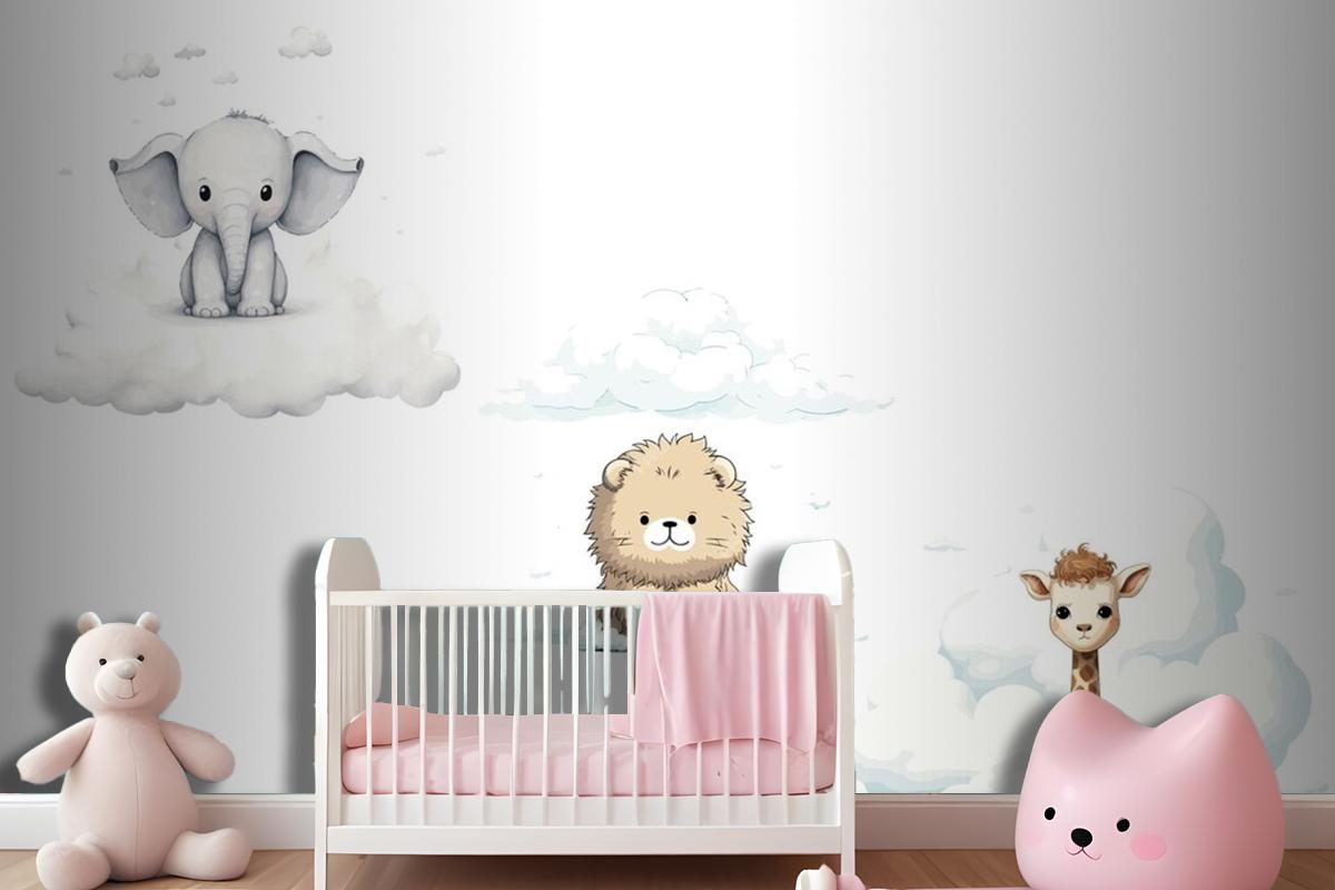 Set Sute Baby Funny Animals Elephant Giraffe Lion Wallpaper Mural