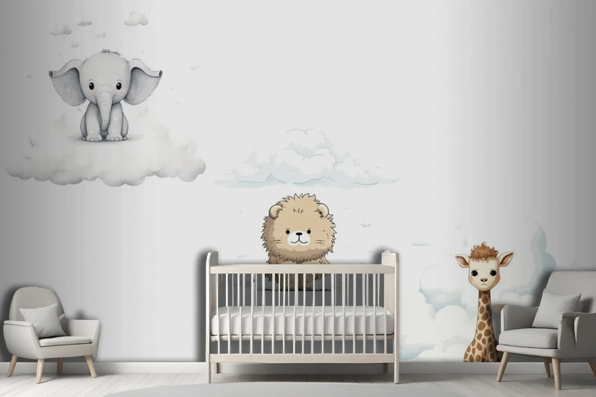 Set Sute Baby Funny Animals Elephant Giraffe Lion Wallpaper Mural