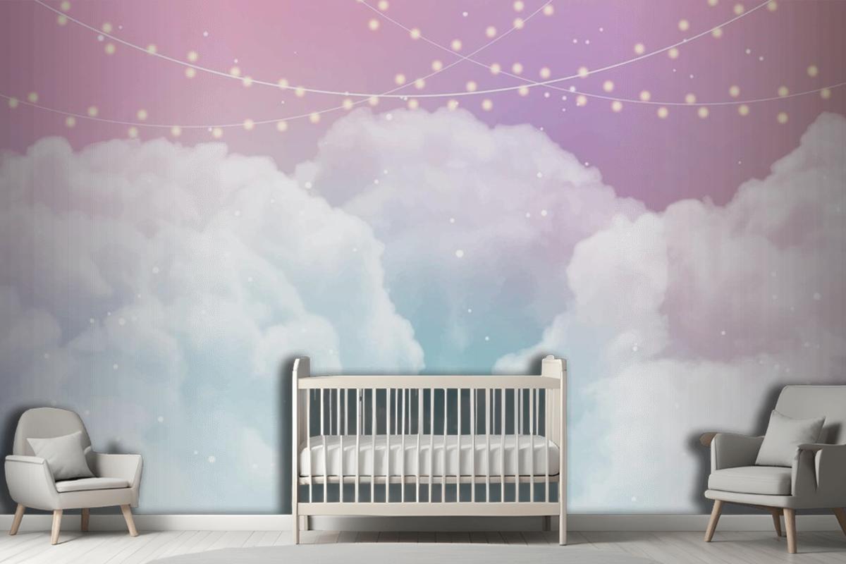 Sky Background With Sugar Cotton Candy Clouds And Stars Design Wallpaper Mural