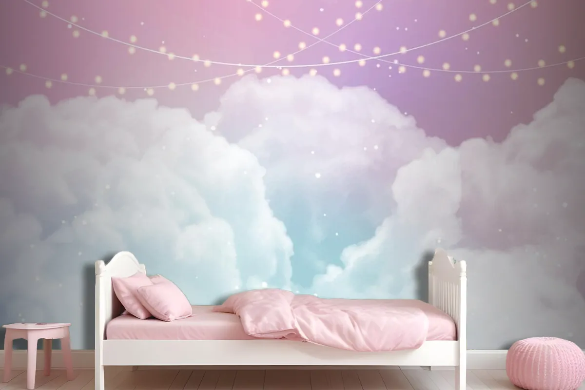 Sky Background With Sugar Cotton Candy Clouds And Stars Design Wallpaper Mural