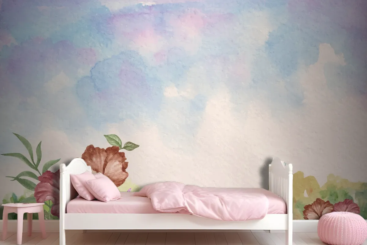 Sky View Watercolor Landscape Background With Flowers Wallpaper Mural