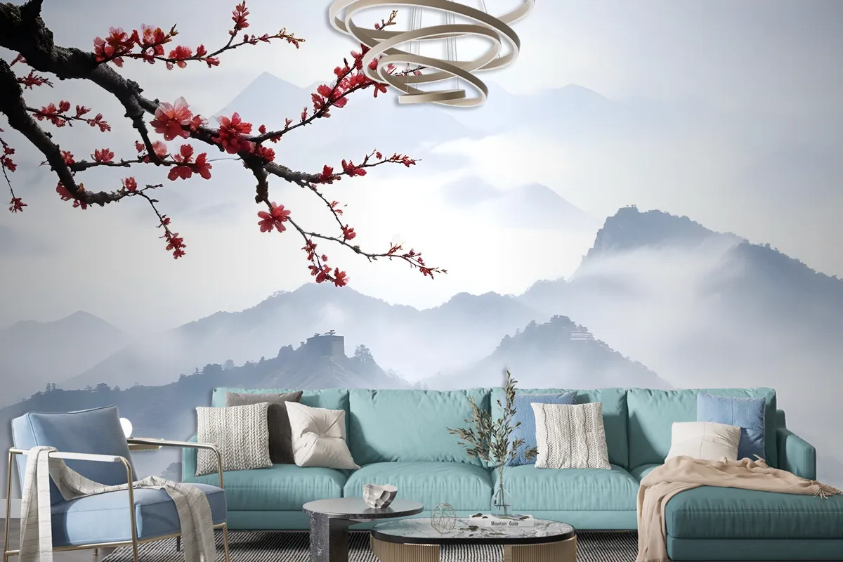 Snowy Mountainscape With Cherry Blossom Wallpaper Mural