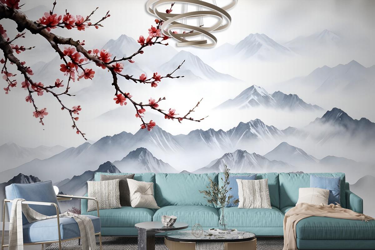 Snowy Mountainscape With Cherry Blossom Wallpaper Mural